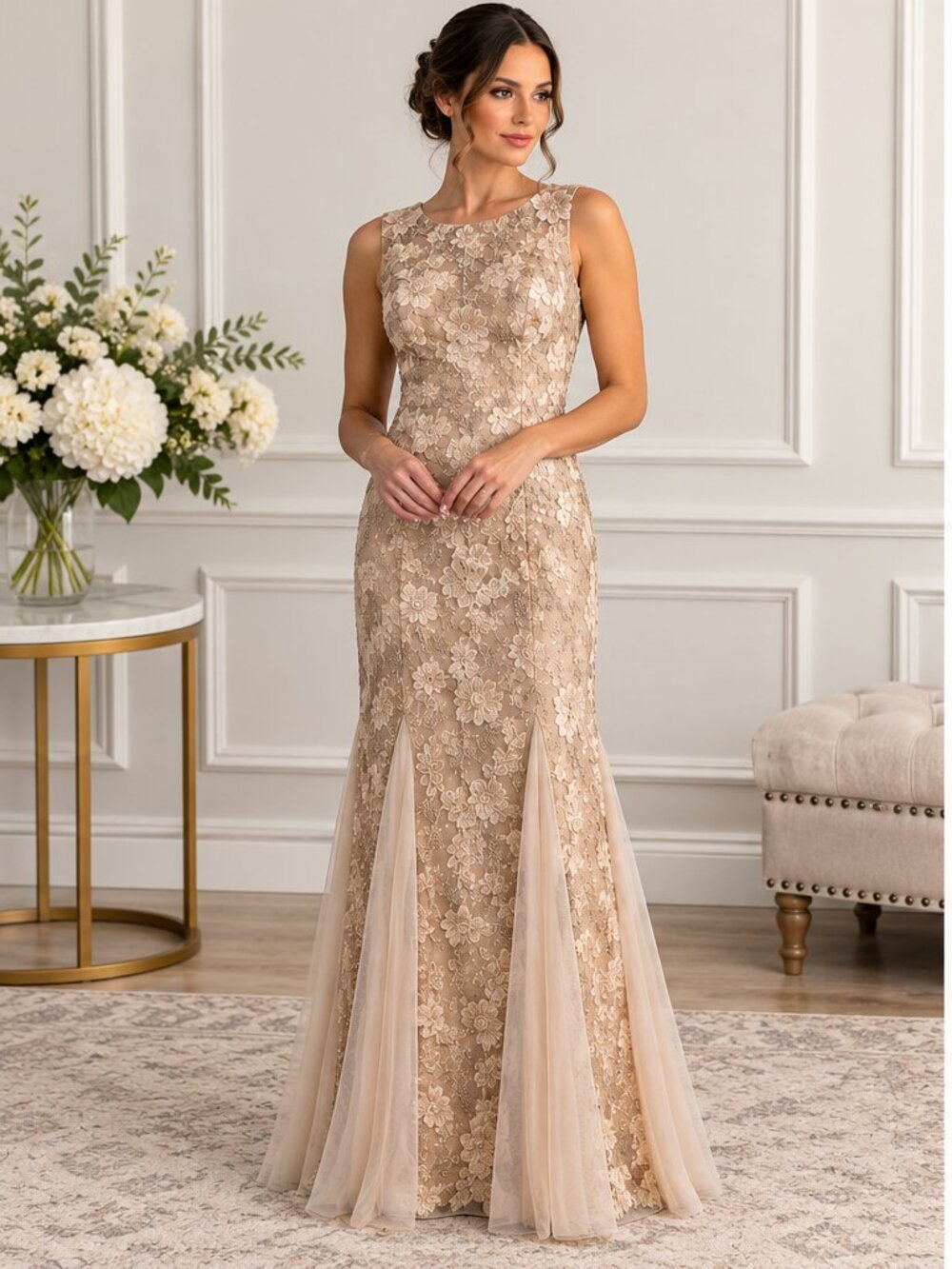 Alex Evenings Women’s Champagne Floral Lace Formal Gown with Matching Jacket Siz